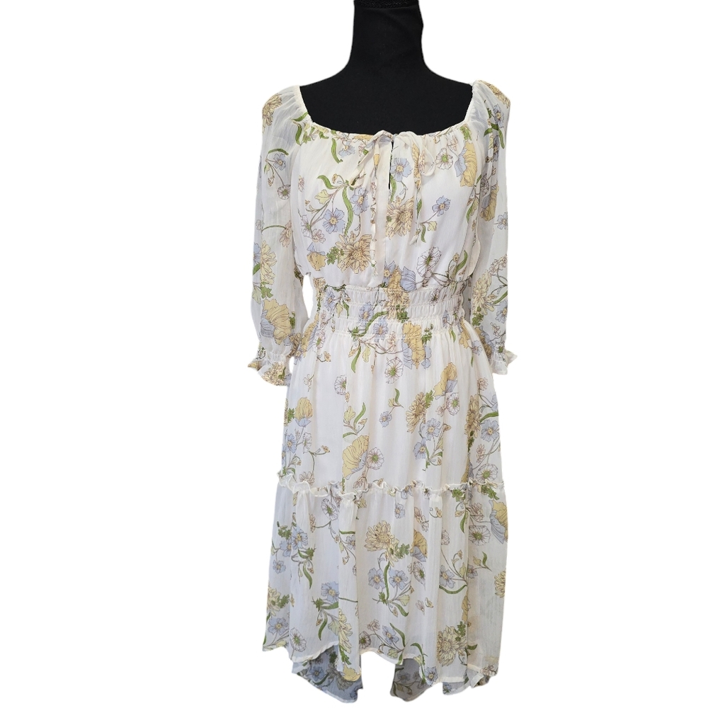 ⭐️NWOT Anthropologie Fig & Flower Cream Floral High Low Ruffled Dress Sz S